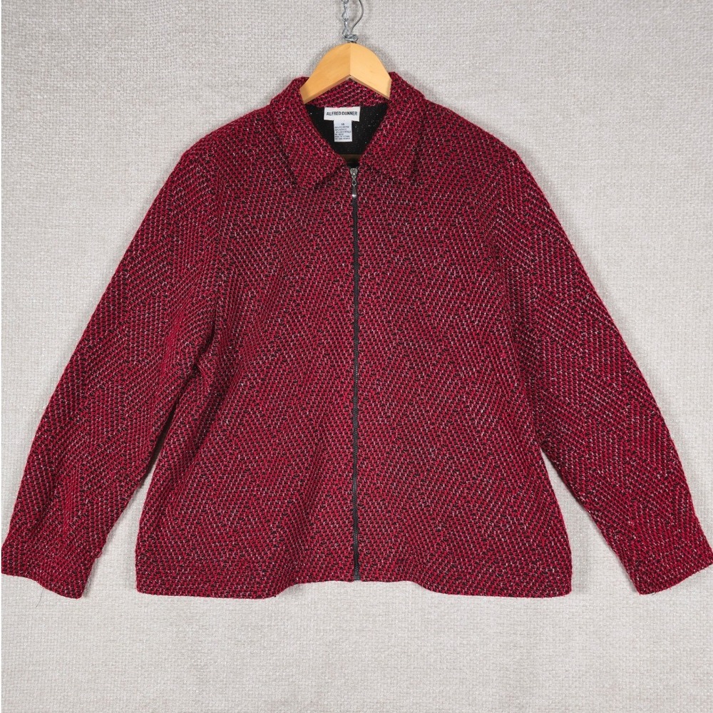 Alfred Dunner Womens 14 Red Black Metallic Textured Knit Full Zip Jacket Pockets